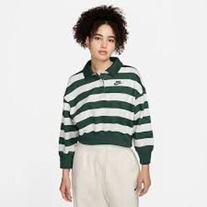 Nike Women's Green and White Striped Long Sleeve Rugby Polo